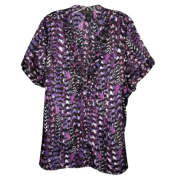 Lane Bryant Size 22 24 Blouse Ruffle Button Artsy Print Office Casual Coquette - Picture 2 of 8